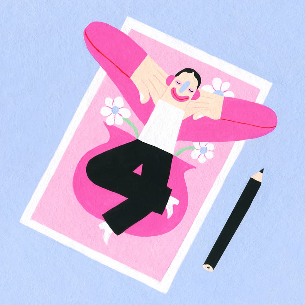 Illustration of young designer lying on a carpet with a pencil next to them