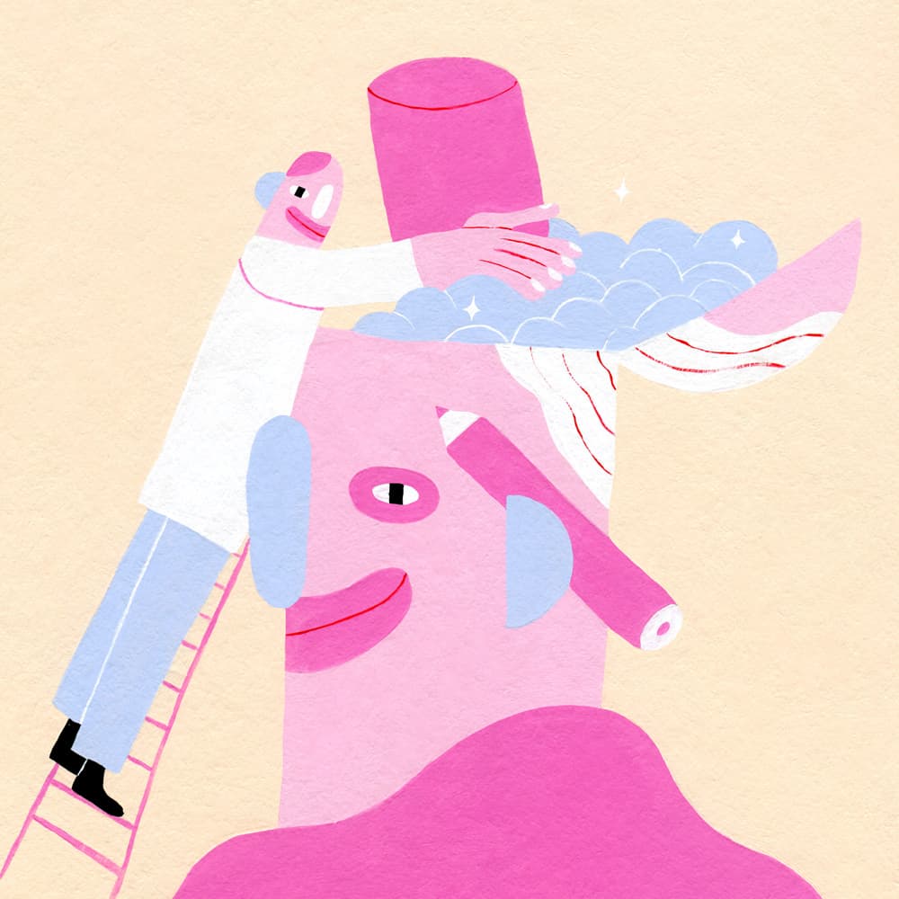 Illustration of young designers with a person climbing a ladder up someone's face