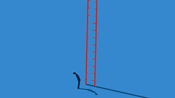 figure looking up at tall ladder